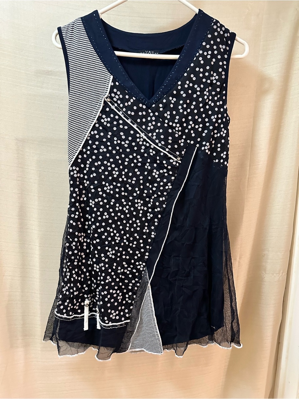 Vex Collection Navy Polka Dot Mesh Blouse Asymmetrical Layered Top 38